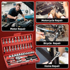 Socket Set, 46 PCS 1/4 Inch Drive Socket Wrench Set, Ratchet Wreches Set with Bit Socket Set Metric & Extension Bar for Auto Repairing and Household, with Storage case