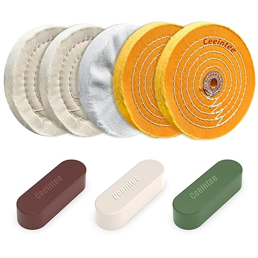 8 Pack 6 Inch Polishing Wheel for Bench Grinder, Include 1/2" Arbor Hole 2 Yellow Cotton(42Ply), 2 White Cotton Polish Wheels(50Ply), 1 Soft Flannel Buffing Wheel(30Ply)& 3 Polishing Compound