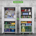 71" Metal Garage Storage Cabinet with 16 Hooks and Pegboards,1 Drawer Inside Rolling Tool Storage Cabinet with Adjustable Shelves,3 Metal Hanging Rod for Garage,Warehouse(Grey/White)