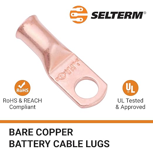 SELTERM 10pcs 6 AWG - 1/4" Stud - Battery Lugs, Heavy Duty Wire Lugs, Ring Terminals, Battery Cable Ends,6 Gauge Terminals, UL Bare Copper Eyelets Electrical Battery Terminal Connectors