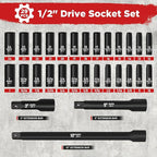 29 Pieces 1/2" Socket Set, Drive Deep Impact Socket Set with 3", 5", 10" Extension Bars, 6 Point SAE and Metric (3/8"-1", 10mm-24mm), Cr-V Steel