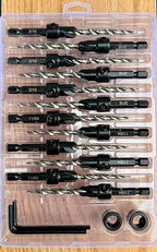 FTG USA Countersink Drill Bit Set 6 Pc #8 (11/64"), 6 Pc #10 (3/16") Tapered Countersink Bit, Stop Collar, Hex Wrench, Woodworking Countersink Drill Bits