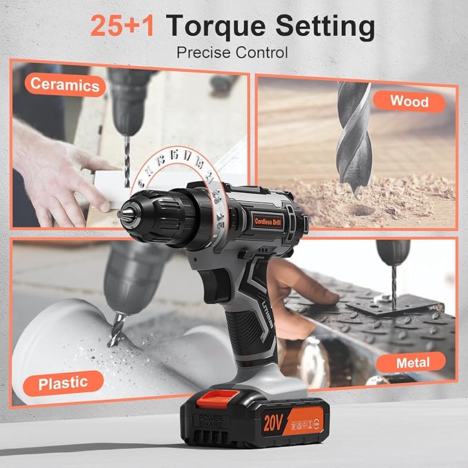 Cordless Drill Set, 20V Power Drill with Power Pack 2.0Ah and Charger, 3/8-Inch Keyless Chuck Electric drill, 25+1 Position, 42pcs Drilldriver Bits/Screws for DIY Projects (Black Grey)
