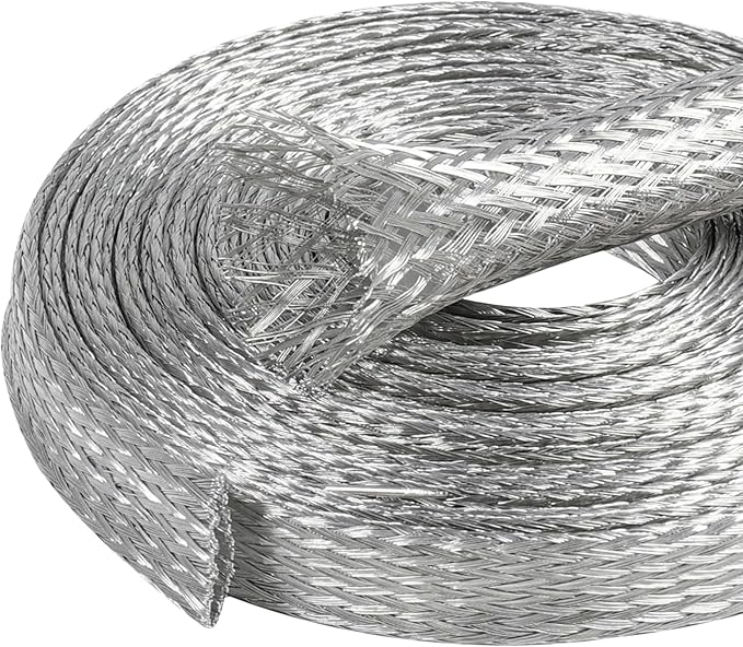 Tinned Copper Wire Shielding Sleeve, Expandable Ground Strap Wiring Braided Sleeving Metal Mesh Sheathing Cabling Wiring Protector (5/16inch - 12ft)
