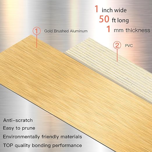 GSCIT Club Gold Edge Banding, 1 Inch x 50ft Aluminum Brushed Edge Banding PVC Edge Trim for Cabinet Repair Furniture