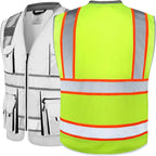 JKSafety 10 Pockets Class 2 Hi-Vis Zipper Front Safety Vest | Cushioned Collar | High Reflective Tapes with Extended Neon Orange Strips | Meets ANSI/ISEA Standards (3X-Large, 89-Yellow)