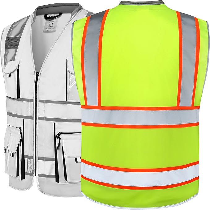 JKSafety 10 Pockets Class 2 Hi-Vis Zipper Front Fluorescent Yellow Safety Vest | Cushioned Collar |Extended Neon Orange Strips | Meets ANSI/ISEA Standards (Large, 89-Yellow)