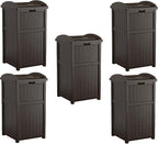 Suncast 5 Pack 33 Gallon Durable Plastic Hideaway Outdoor Garbage Can with Secure Lid & Wicker Design for Home Backyards, Decks, or Patios, Java Brown