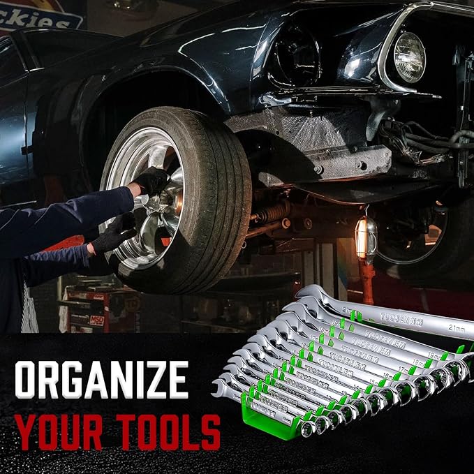 ALOANES 130-Slot Metal Wrench Organizer, Heavy Duty Wrench Organizer Tray for Tool Box, Fit SAE & Metric Wrench Storage, 10 Pack Wrench Holders(Green)
