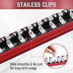 ALOANES 3-Piece Magnetic Socket Organizer, Heavy Duty Aluminum Socket Rails Organizer, Socket Rail Holder for Tool Box, 1/2, 3/8, 1/4-Inch Socket Holder x 39 Stainless Clips (Red)