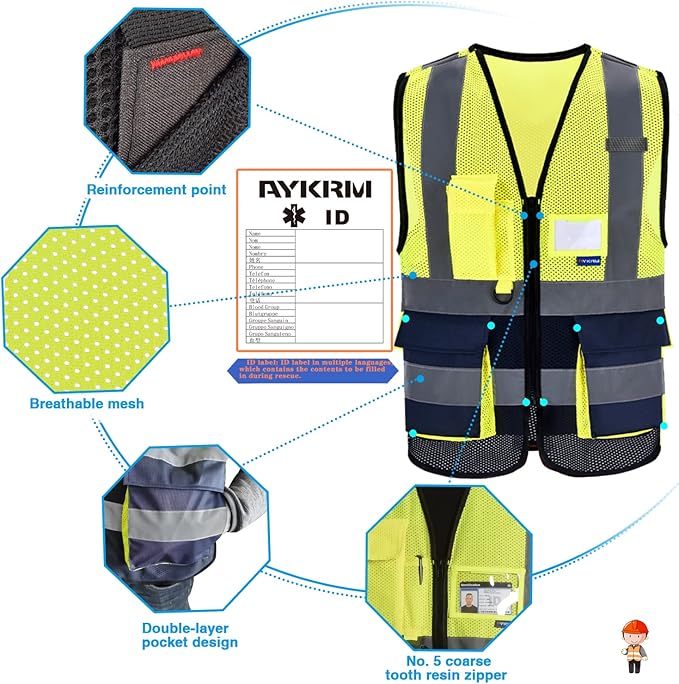 A-SAFETY High Visibility Mesh Safety Reflective Vest with Pockets and Zipper,Hi Vis Viz Reflective Safety Vest(Yellow&Navy Mesh M)