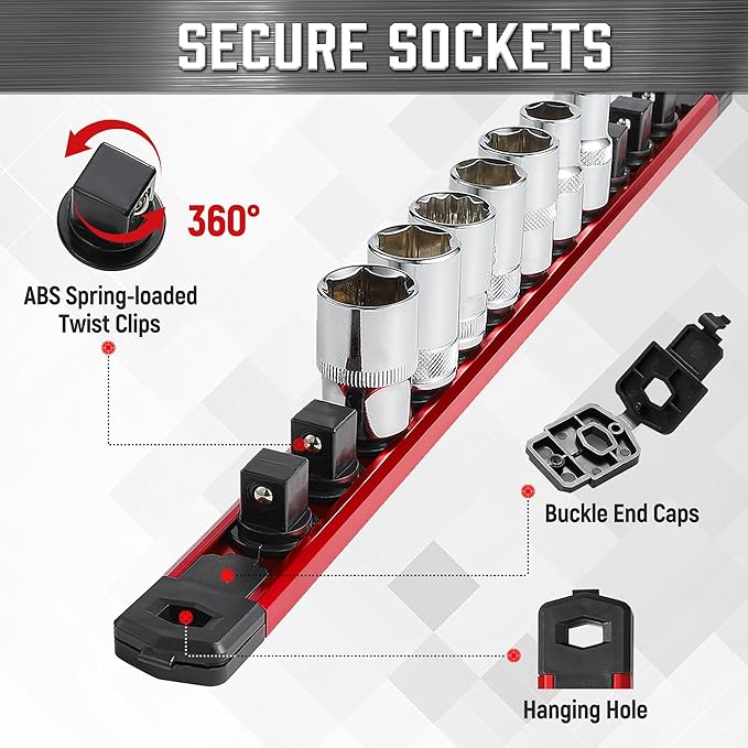 ALOANES 3-Piece Magnetic Tool Organizer, Heavy Duty Aluminum Rails, 360 Swivel Socket Holder Kit with 42 Clips (Red, 3/8-Inch)