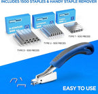 E•Werk - 5-in-1 Staple Gun Set - Heavy-Duty Stapler w/ 1500 Staples & Staple Remover for Wood, Fabric, Carpet & Wire Mesh - Hand Tacker w/Power Adjustment for Construction, Crafts & Upholstery Work