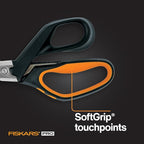 Fiskars PowerArc 8" Shop Shears, Heavy Duty Serrated Stainless Steel Scissors with Comfort Grip, Hardware Tool for Construction, Cut Materials like Insulation, Duct Tape, Cardboard, Rope and Tyvek