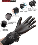 PACIFIC PPE Work Gloves PU Coated-18 Pairs, Touchscreen Working Gloves for Men and Women, Mechanic Gloves, Lightweight, Black, 2X-Large