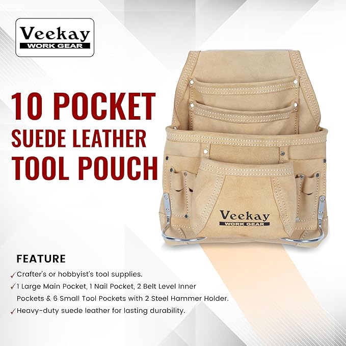 VEEKAY 10 Pockets Men Suede Leather Tool Pouch Beige and Brown Color Bags Fastener Carpenter's Nail & Tool Bag Heavy Duty Steel Hammer Loop, Belt Loop for Electrician Technician Installers
