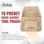 VEEKAY 10 Pockets Men Suede Leather Tool Pouch Beige and Brown Color Bags Fastener Carpenter's Nail & Tool Bag Heavy Duty Steel Hammer Loop, Belt Loop for Electrician Technician Installers