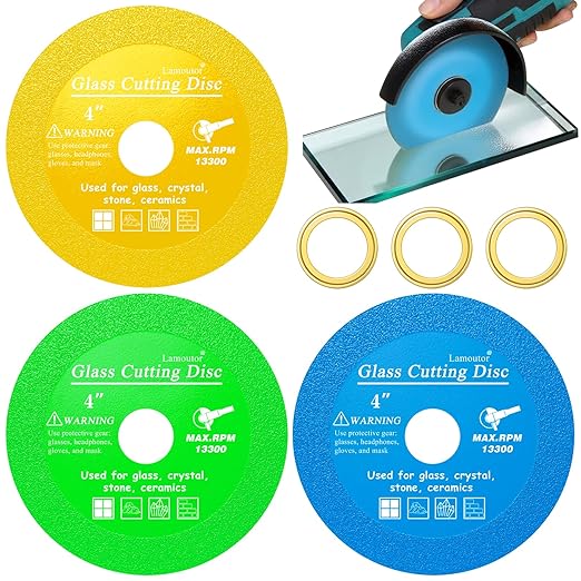 Lamoutor 3Pcs 4 Inch Glass Cutting Disc for Angle Grinder, Diamond Saw Blade, Tile Cutter Blade for Cutting Marble Glass Tile Jade Crystal（Green/Blue/Yellow）