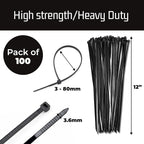 Bolt Dropper 12-Inch Black Zip Ties 100 Pack - Heavy Duty, Self-Locking Nylon Cable Ties for Indoor and Outdoor Projects - UV and Weather Resistant with 40 lbs Tensile Strength Wire Ties