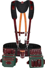 FUERI Nylon Leather Tool Belt Supender for Men Heavy Duty 26 Pocket Tools Bags Pouches Holder Organizer for Carpenter Construction (Maroon & Green Tool Belt Suspender, Medium 30" - 36")