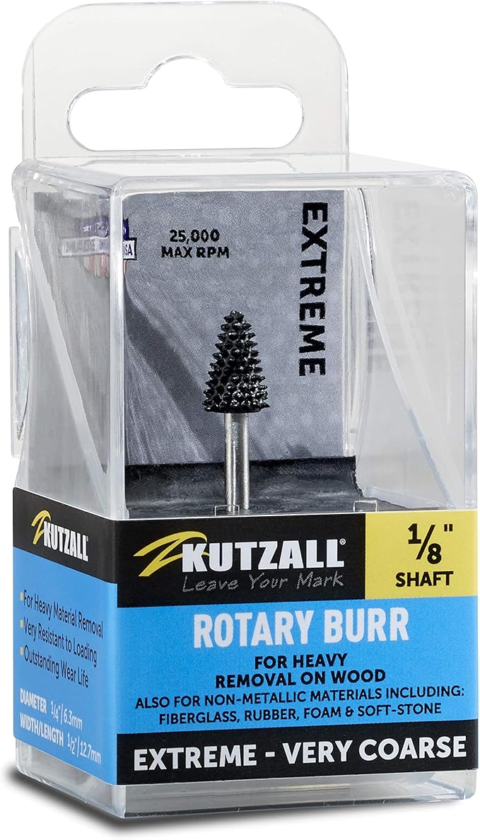 Kutzall Extreme Taper Rotary Burr, 1⁄8" Shaft, Very Coarse - Wood Carving Bit for Dremel, Foredom, DeWalt, Milwaukee. Abrasive Tungsten Carbide, 1⁄4" (6.3mm) Dia. X 1⁄2" (12.7mm) Length TX-14-EC