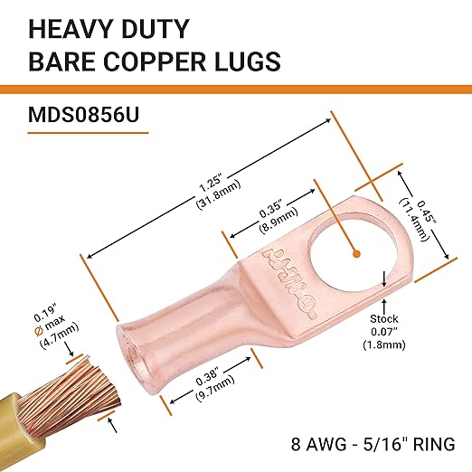 SELTERM 10pcs 8 AWG - 5/16" Stud - Battery Lugs, Heavy Duty Wire Lugs, Ring Terminals, Battery Cable Ends,8 Gauge Terminals, UL Bare Copper Eyelets Electrical Battery Terminal Connectors
