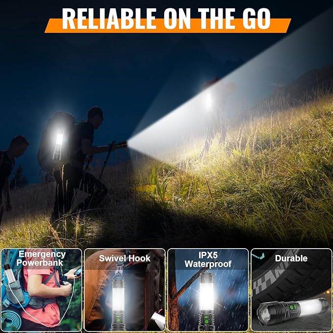Rechargeable LED Flashlight Lantern 2000 High Lumens - with Camping Lanterns, Long Range LED Super Bright Flashlight for Camping, 5 Mode, High Powerd Heavy Duty Zoomable Waterproof Tactical Flashlight