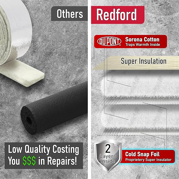 Redford Supply Co. Cold Snap (5°F) Outdoor Pipe Insulation Foam Tube, 12"W x 16"H, Outside PVC Wrap, Pipes Covers for Inside, Water Pipe Insulation Foam Tube, Insulating Outdoor Pipes (Beige)