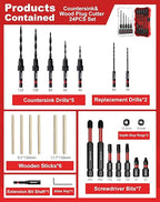 EZARC Countersink Drill Bit Set, 24 PCS Tapered Drill Bits Counter Sink Drill Bit with 6PCS Wooden Sticks 1/4" Hex Shank Quick Change for Woodworking with Storage Box