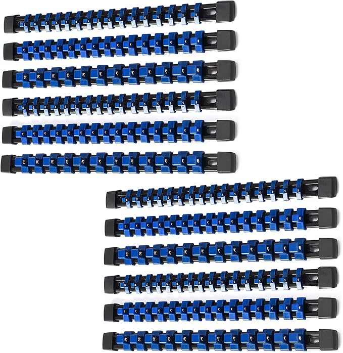 ALOANES 12 PC ABS Socket Organizer,1/2 inch, 3/8 inch, and 1/4 inch Drive Socket Rail Holders, Heavy Duty Socket Racks, Black Rails with Blue Clips