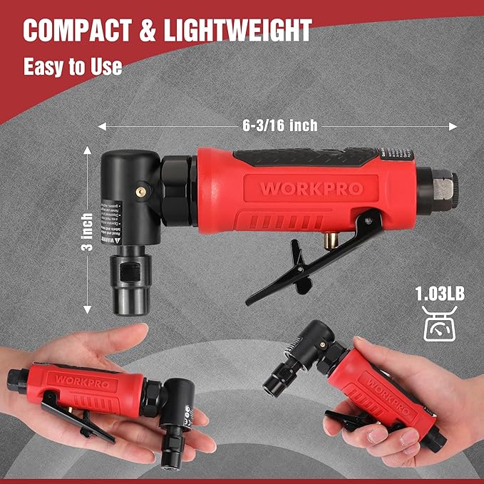 WORKPRO Air Angle Die Grinder, 1/4-Inch Pneumatic Right Angle Die Grinder, 20000RPM, Air-Powered 90 Degree for Grinding, Cutting, Polishing, Welding Repair, Deburring, 1/4" & 1/8" Collets Included