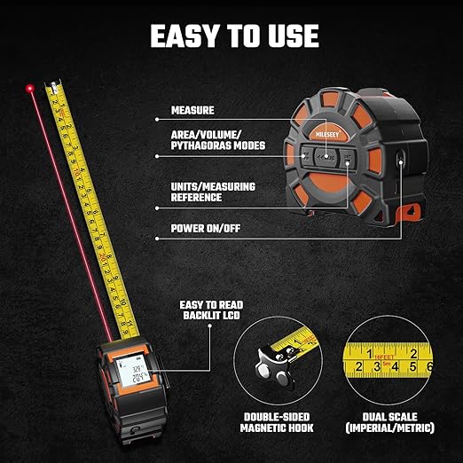 MILESEEY 2-in-1 Laser Measuring Tape, 16Ft Tape Measure & 131Ft Rechargeable Laser Measurement Tool with Backlit Display, Auto-Lock Tape with Magnetic Hook, M/Ft/in/Ft+in, 20 Groups Historical Memory