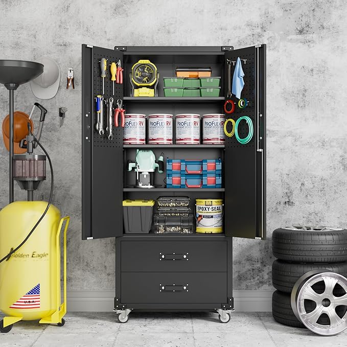 71.2" H Metal Garage Storage Cabinet with Wheels, Tool Storage Cabinets with 2 Lockable Doors and 2 Drawers for Garage Office School Home Warehouse Utility Room, Assembly Required,Black