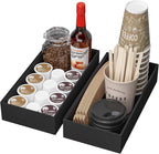 Kitchen Drawer Organizer Bins, Stackable Bamboo Drawer Organizer for Silverware, Coffee Pod Organizer K Cup Holder for Countertop, 2 Pcs Coffee Station Organizer Black 12" x 6" x 2.5"