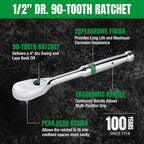 SK 1/2" Drive Ratchet Handle, Pear Head, 90-Tooth Ratchet, Alloy Steel, with Contoured Handle
