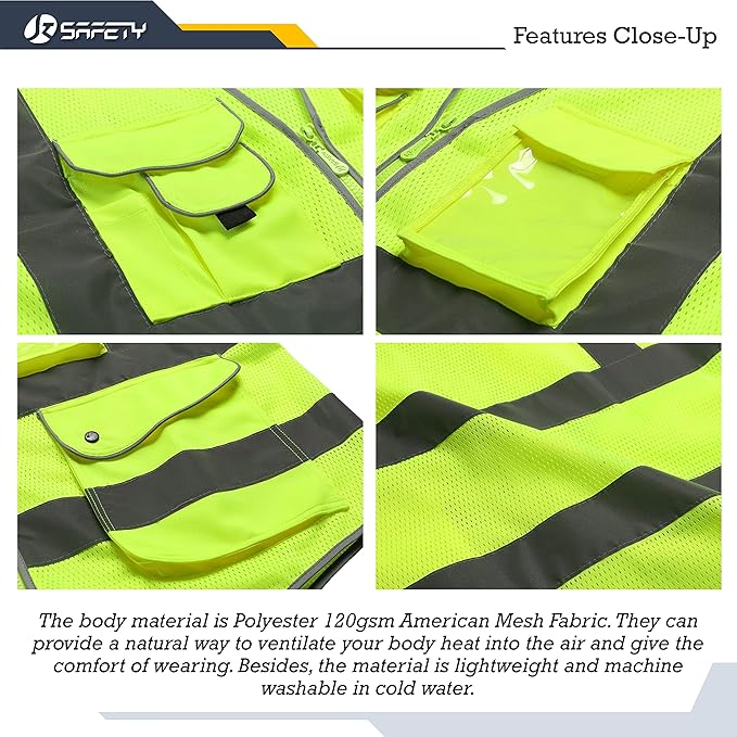 JKSafety 9 Pockets High Visibility Safety Vest for Men and Women, Hi-Vis Reflective Yellow Safety Vests with Zipper Front, Meet ANSI/ISEA Class 2 Type R(159-Yellow M)