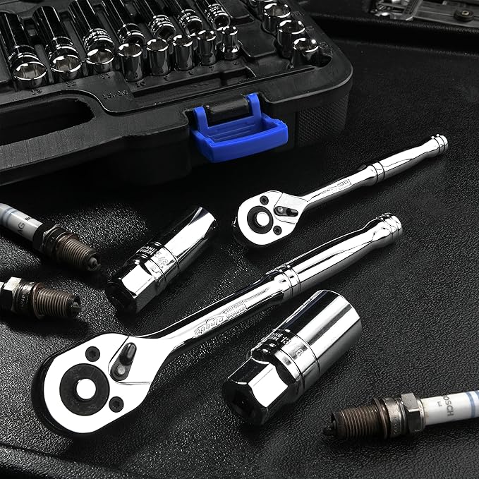 EPAuto 69 Pieces - 1/4" & 3/8" Drive Socket Set with Pear Head Ratchet, Chrome (92-824)