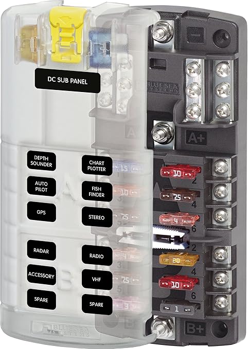 Blue Sea Systems 5032 ST Blade Fuse Block Dual 12 with Ground and Cover, 100 Amps