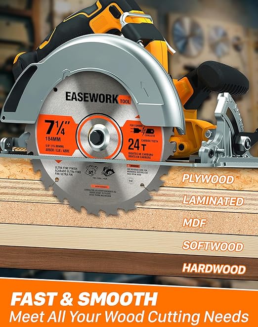 EASEWORK 7-1/4 Inch Circular Saw Blade, 24T, 5/8" Arbor, ATB Carbide Teeth, 10-Pack, Fast Crosscutting for Softwood & Hardwood, Fits SKIL 5280-01, DEWALT DCS570B, DCS577B, DWA171424