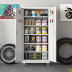 71" H×32" W×16" D Garage Storage Cabinet with Wheels, Locking Metal Storage Cabinet with 5 Adjustable Shelves, 4 Hooks and Pegboard for Garage, Home Office, Kitchen, Assembly Required, White
