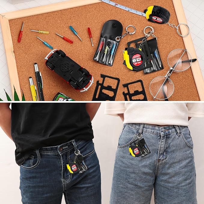 24 Pcs Mini Tape Screwdriver Keychain Set Christmas Men Gifts Bulk Adult Party Favors Multitool Pen Card Tool Measuring Keychains Stocking Christmas Stuffers for Men Dad (Yellow,Black)