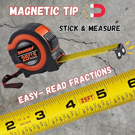 Greendale - 3 Pack - Tape Measures 25 ft - Easy to Read Fractions to 1/8th inch - Magnetic Tip - Thumb and Quick Lock - Autowind - Belt Clip - Measuring Tapes Retractable - Red/Orange