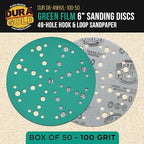 Dura-Gold Premium 100 Grit 6" Green Film Sanding Discs, 49-Hole Pattern, Box of 50 - Heavy-Duty Dustless Hook & Loop Backing Sandpaper for DA & Random Orbital Sanders, Sand Auto Paint, Wood Furniture