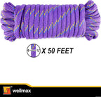 Wellmax Diamond Braid Nylon Rope, 3/8 in X 50 Foot, UV Resistant, High Strength and Weather Resistant - Purple