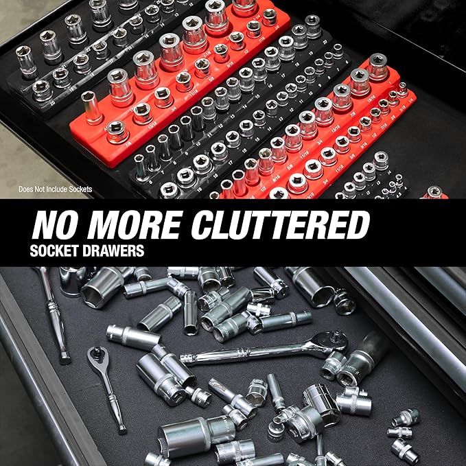 OEMTOOLS 22484 3 Piece SAE Magnetic Socket Tray Set, Magnetic Socket Organizers for Toolboxes, Rubberized Base, Holds Up To 68 Sockets, Red Socket Holder