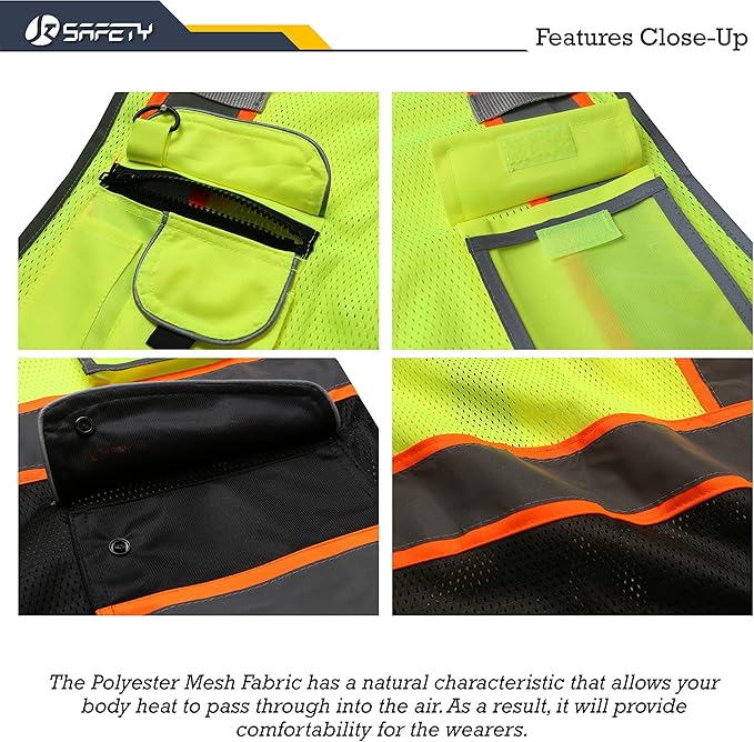 JKSafety 9 Pockets Class 2 High Visibility Dual Color Zipper Front MESH Lite Safety Vest | Orange Color Triming Reflective Strip | ANSI/ISEA Standards (100-Yellow-Black, XXL)