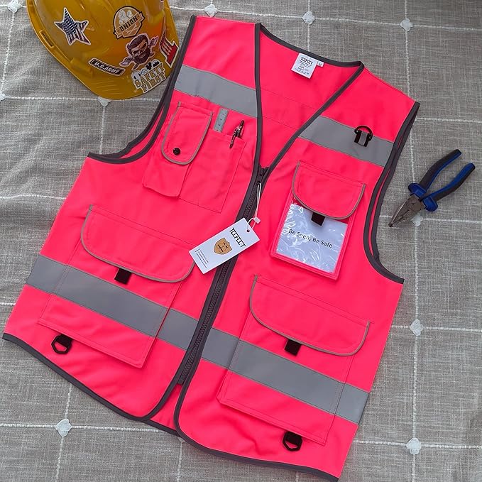 TCCFCCT Reflective Safety Vest 9 Pockets High Visibility Vest for Men Women, Hi Vis Reflective Work Vest for Safety, Meets ANSI/ISEA Standards, (Pink, XX-Large)
