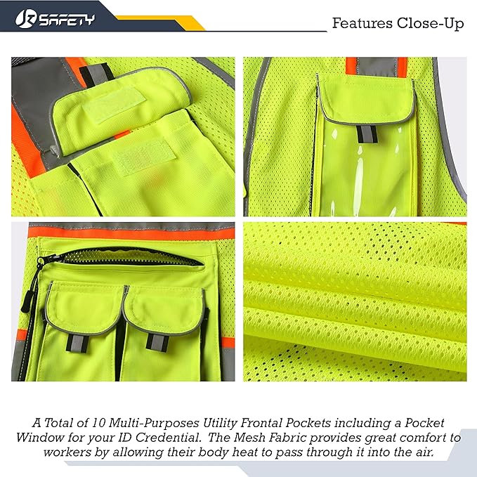 JKSafety 10 Pockets Hi-Vis Neon Color Frontal Zipper Mesh Safety Vest for Men Women Safety Utility for works Comply to ANSI/ISEA Class 2 (86-Yellow M)