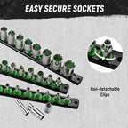 ALOANES Magnetic Socket Organizer Set, 6-Piece Heavy Duty Aluminum Socket Holder Socket Rail Organizer for Tool Box, 360° Swivel Clips Socket Rack 1/4, 3/8, 1/2-Inch x 80 Clips (Black)