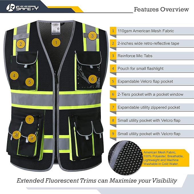 JKSafety 10 Pockets Hi-Vis Neon Color Frontal Zipper Mesh Safety Vest for Men Women Safety Utility for works Comply to ANSI/ISEA Standards (86-Black XXL)